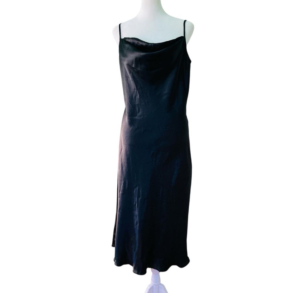 Bebe Slip Dress Gown Black Satin Cowl Neck Spaghetti Strap Midi (Size‎ M)